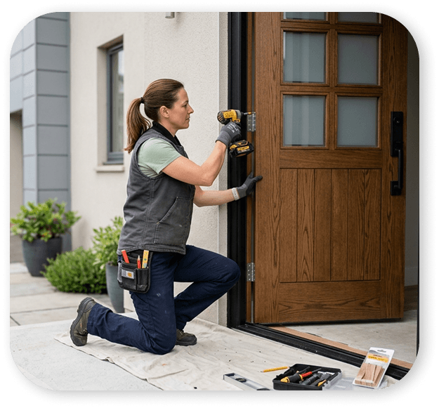 Technician fitting a door frame and hardware
